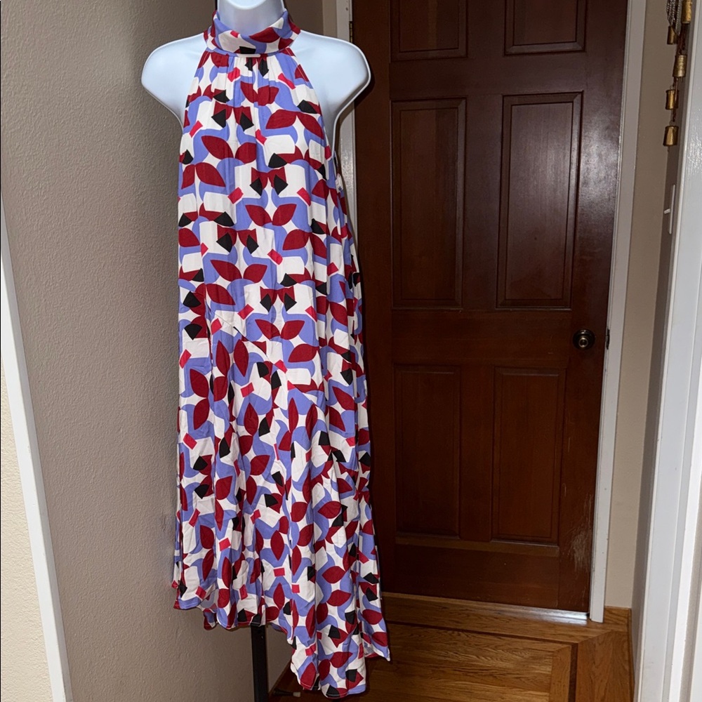 By Anthropologie Silk Geo Asymmetrical Halter Sleeveless Dress Multi Women Sz S